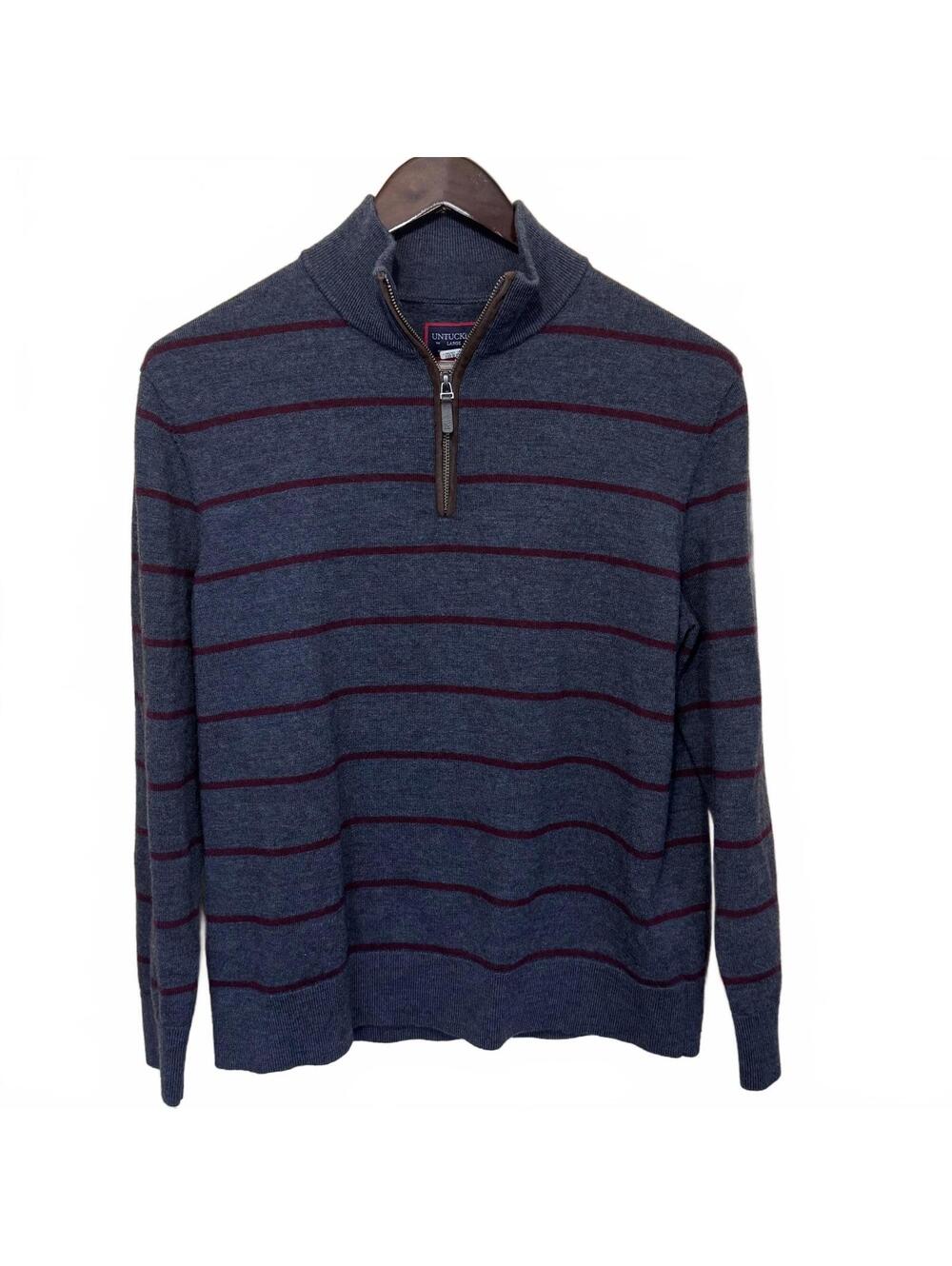 UNTUCKit Belgurado Merino Wool Quarter Zip Sweater Men Large Gray Striped Casual